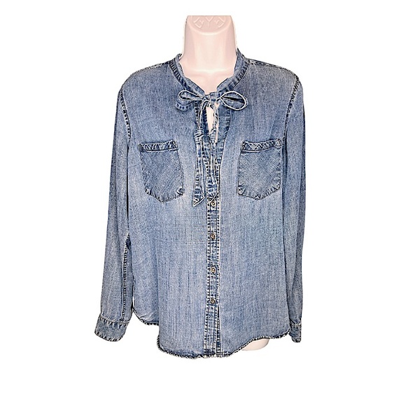 Rails Anthropologie Rosalee Chambray Tie Neck Denim Button Down Blouse Sz S EUC! - Picture 4 of 15